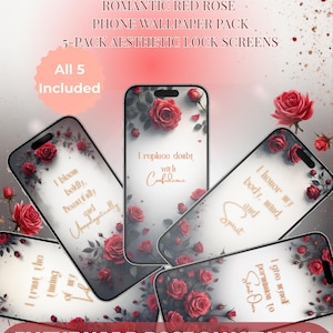 Puede incluir: Paquete de fondos de pantalla estéticos para teléfonos con rosas rojas. El paquete incluye cinco pantallas de bloqueo con citas inspiradoras y diseños florales. El texto en las pantallas incluye frases como "Reemplazo la duda con confianza" y "Honro mi cuerpo, mente y espíritu".