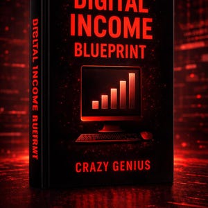 May include: A book titled "DIGITAL INCOME BLUEPRINT" with red text on a black cover. The cover features a computer screen graphic with a rising bar graph. The words "CRAZY GENIUS" are at the bottom.