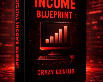 May include: A book titled "DIGITAL INCOME BLUEPRINT" with red text on a black cover. The cover features a computer screen graphic with a rising bar graph. The words "CRAZY GENIUS" are at the bottom.
