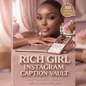May include: A book cover with the title "RICH GIRL INSTAGRAM CAPTION VAULT" and the text "Luxury, Confidence & Soft Life TikTok, Reels & Instagram." A woman is leaning on a laptop with a smartphone displaying an image. A circular badge reads "300 Captions Included."
