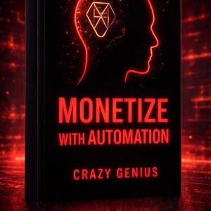 Könnte beinhalten: Buchcover mit schwarzem Hintergrund und rotem Neontext, der „MONETIZE WITH AUTOMATION“ und „CRAZY GENIUS“ lautet. Ein leuchtender roter Umriss eines Kopfes mit einer geometrischen Form im Inneren ist ebenfalls zu sehen.