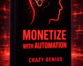 May include: A book cover with a black background and red neon text that reads "MONETIZE WITH AUTOMATION" and "CRAZY GENIUS." A glowing red outline of a head with a geometric shape inside is also featured.