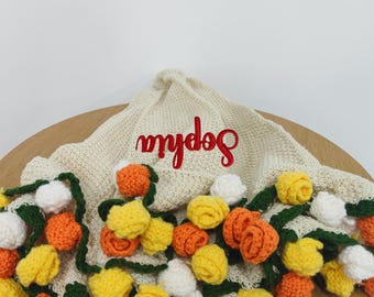 Personalized Crochet Rose Bouquet Blanket - Custom Embroidered Name