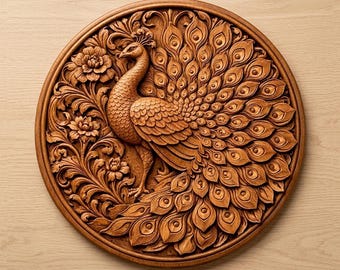 Mandala de pavo real en relieve 3D (archivo STL) / Elegante arte mural, archivo para tallado en madera (descarga digital)