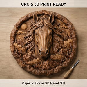 Könnte beinhalten: Braune Holzrelief-Schnitzerei eines Pferdekopfes, umgeben von einer Berg- und Waldlandschaft. Der Text "CNC & 3D PRINT READY" und "Majestic Horse 3D Relief STL" sind sichtbar. Ein Schnitzwerkzeug liegt daneben.