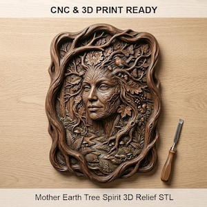Puede incluir: Una talla de madera marrón de un espíritu de árbol de la Madre Tierra con un rostro integrado con ramas, hojas, bellotas, un pájaro y una ardilla. El texto CNC & 3D PRINT READY y Mother Earth Tree Spirit 3D Relief STL está presente. Se incluye un cincel para madera.