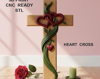 May include: A wooden cross with two intertwined red hearts and a green vine design. The cross has the text "HEART CROSS" and "3D PRINT CNC READY STL". A red rose and a green candle are also present.