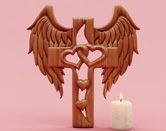 Angel Wing Cross 3D Relief STL | Heart CNC File (Digital Download)