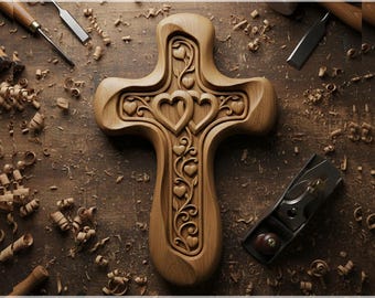 May include: A wooden cross with a heart and vine design, labeled "Heart Vine Cross STL" and "CNC & 3D PRINT READY." The cross is light brown and intricately carved. Wood shavings and tools surround the cross, suggesting a woodworking theme.