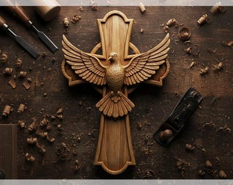 May include: A carved wooden cross featuring a dove with outstretched wings, set against a dark wood background. The text "CNC & 3D PRINT READY" and "Holy Spirit Dove Cross STL" are visible. The cross is surrounded by wood shavings and tools.