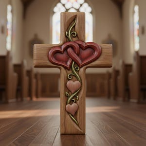 Könnte beinhalten: Holzkreuz mit geschnitzten roten Herzen und dekorativen Ranken. Das Kreuz besteht aus hellbraunem Holz und zeigt zwei ineinander verschlungene Herzen oben und zwei kleinere Herzen unten. Der Hintergrund zeigt einen Kirchenraum.