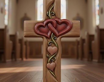 May include: Wooden cross with carved red hearts and decorative vines. The cross is made of light brown wood and features two intertwined hearts at the top and two smaller hearts below. The background shows a church interior.