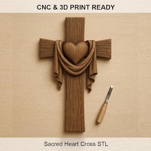 Cruz del Sagrado Corazón STL / Cruz Cristiana en Relieve 3D Archivo CNC / Símbolo del Amor de Jesús Arte de Pared / Tallado en Madera e Impresión 3D STL