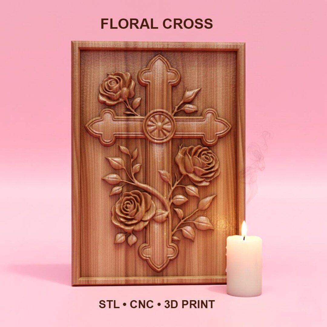 Floral Cross 3D Relief STL | Rose Cross CNC File | Christian Wall Art ...