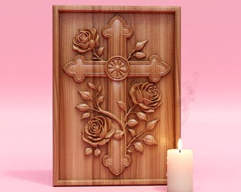 Floral Cross 3D Relief STL | CNC Router & 3D Printing File  (Digital Download)