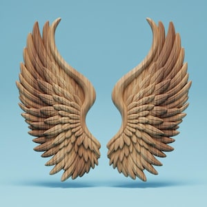 Könnte beinhalten: Zwei Holz-Engelsflügel mit detaillierten Federschnitzereien. Die Flügel sind hellbraun und vor einem hellblauen Hintergrund platziert. Die Flügel sind symmetrisch und scheinen aus Holz gefertigt zu sein.