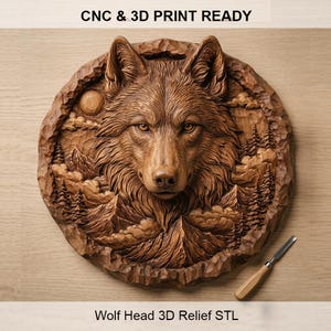 Puede incluir: Una talla de madera marrón detallada de la cabeza de un lobo, dentro de un relieve circular. La talla incluye una escena de montaña con árboles, nubes y una luna. El texto "CNC & 3D PRINT READY" y "Wolf Head 3D Relief STL" son visibles.