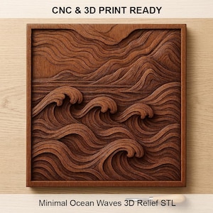 May include: A square, wooden relief sculpture depicting ocean waves. The artwork is carved from wood and framed, with the text "CNC & 3D PRINT READY" at the top and "Minimal Ocean Waves 3D Relief STL" at the bottom.