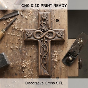 May include: A carved wooden cross with intricate details, including doves, a rose, and an infinity symbol. The cross is brown and sits on a wooden surface. Text at the top reads "CNC & 3D PRINT READY" and at the bottom "Decorative Cross STL".