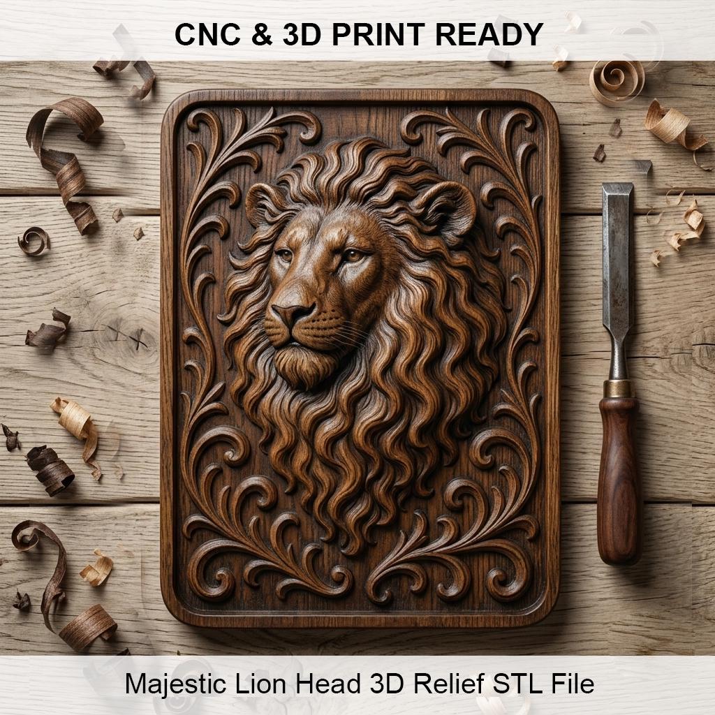 Majestic Lion Head 3D Relief STL File | CNC Router Royal Wall Art ...