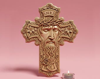 Jesus Face Cross 3D Relief STL | INRI Crucifix CNC File (Digital Download)