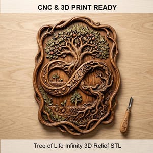 May include: A rectangular wooden wall plaque featuring a carved Tree of Life design forming an infinity symbol, with small saplings and roots below. The text CNC & 3D PRINT READY and Tree of Life Infinity 3D Relief STL is visible. A wood carving tool is included.