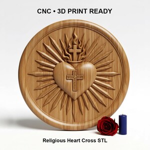 May include: A wooden, circular religious emblem with a heart and cross design, radiating sunburst rays. The text "CNC • 3D PRINT READY" is at the top. A red rose and a blue candle are next to the emblem. The text "Religious Heart Cross STL" is at the bottom.
