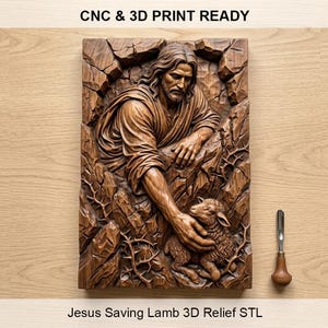 May include: A detailed, brown wooden relief sculpture depicting Jesus with a lamb. The sculpture is carved with intricate details, showing Jesus reaching out to the lamb. The text "CNC & 3D PRINT READY" and "Jesus Saving Lamb 3D Relief STL" are visible.