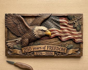 May include: A detailed wooden relief carving depicting an American bald eagle, the American flag, and the text "250 years of FREEDOM 1776-2026". A carving knife is in the foreground. The text "CNC & 3D PRINT READY" and "American Eagle & Flag 3D Relief STL" are also present.