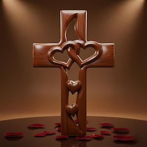 May include: A wooden cross with a carved design featuring two intertwined hearts at the center and two additional hearts below. The cross is brown, set against a brown background, with red rose petals scattered around its base.