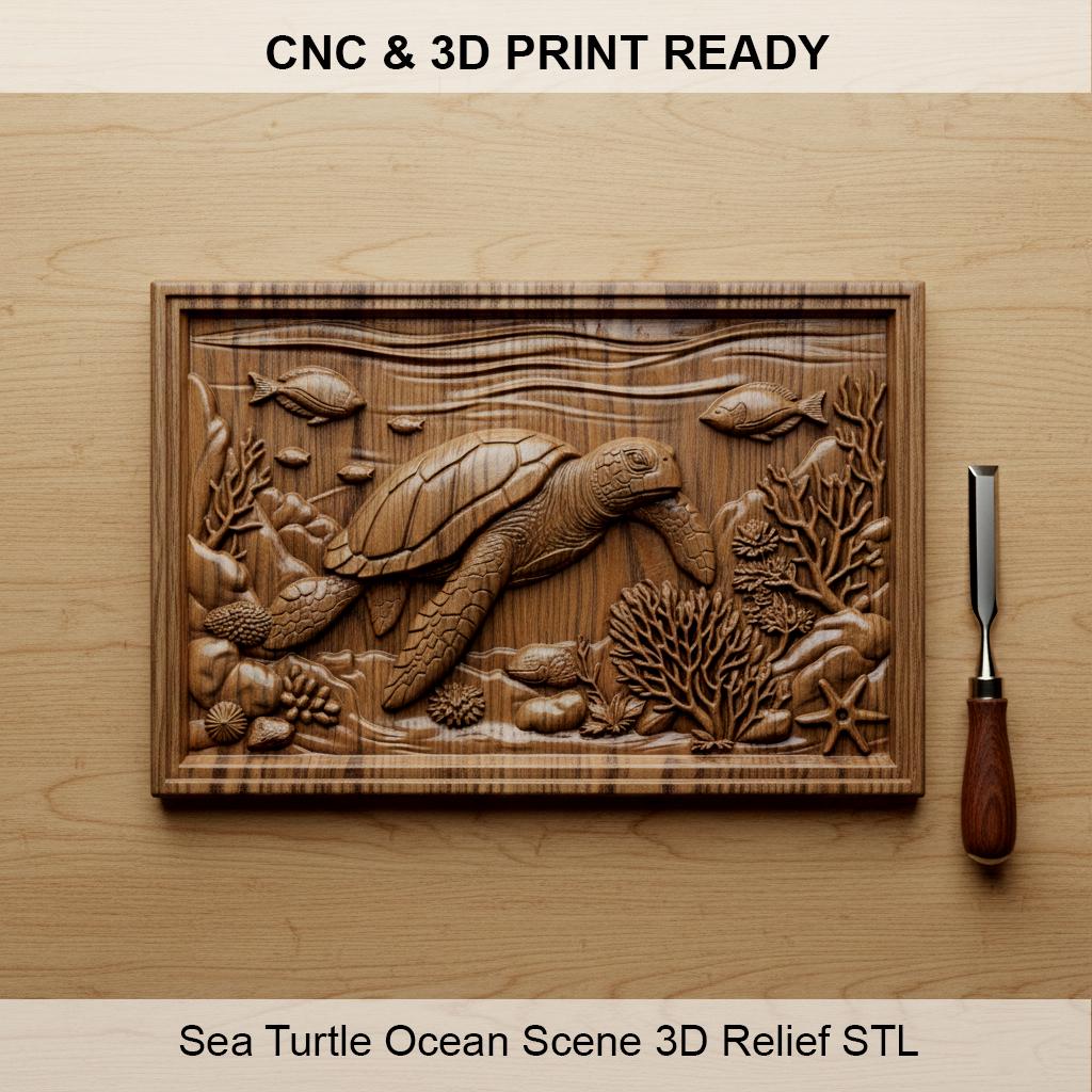Sea Turtle Ocean 3D Relief STL | CNC Wood Carving, Marine Wall Art ...