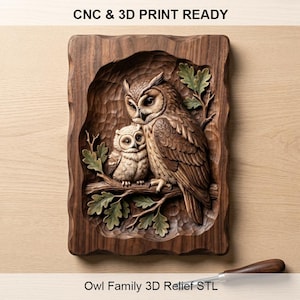 Owl Family 3D Relief STL File | Rustic Woodland Nature Wall Art (Digital Download)
