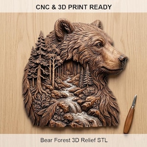 May include: A brown 3D relief sculpture of a bear's head with a forest scene carved inside. The text "CNC & 3D PRINT READY" and "Bear Forest 3D Relief STL" are visible. A carving knife rests on the wooden surface.