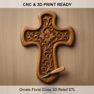 Ornate Floral Cross 3D Relief STL | Decorative Christian CNC Router File | Elegant Cross Wall Art STL for 3D Printer