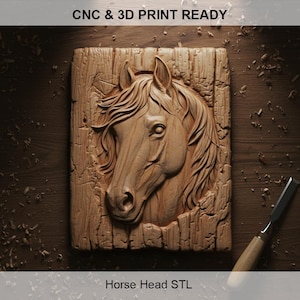 May include: A detailed wooden carving of a horse's head, set against a textured background. The carving is in a rectangular shape, with the text "CNC & 3D PRINT READY" at the top and "Horse Head STL" at the bottom. A carving tool is in the bottom right corner.
