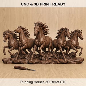 May include: A wooden sculpture depicting five horses in full gallop, with detailed manes and tails. The sculpture is mounted on a base resembling rocks. The text "CNC & 3D PRINT READY" and "Running Horses 3D Relief STL" are visible.