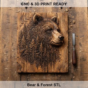 May include: A detailed wood carving of a bear's head and a forest scene. The brown carving is on a rectangular wooden panel. The text "CNC & 3D PRINT READY" and "Bear & Forest STL" are visible. A wood chisel with a brown handle is next to the carving.