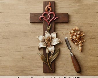May include: A wooden cross with a carved lily and heart design. The cross is brown, with a cream-colored lily and red heart. A wood carving tool and wood shavings are next to the cross. Text at the top says "CNC & 3D PRINT READY".