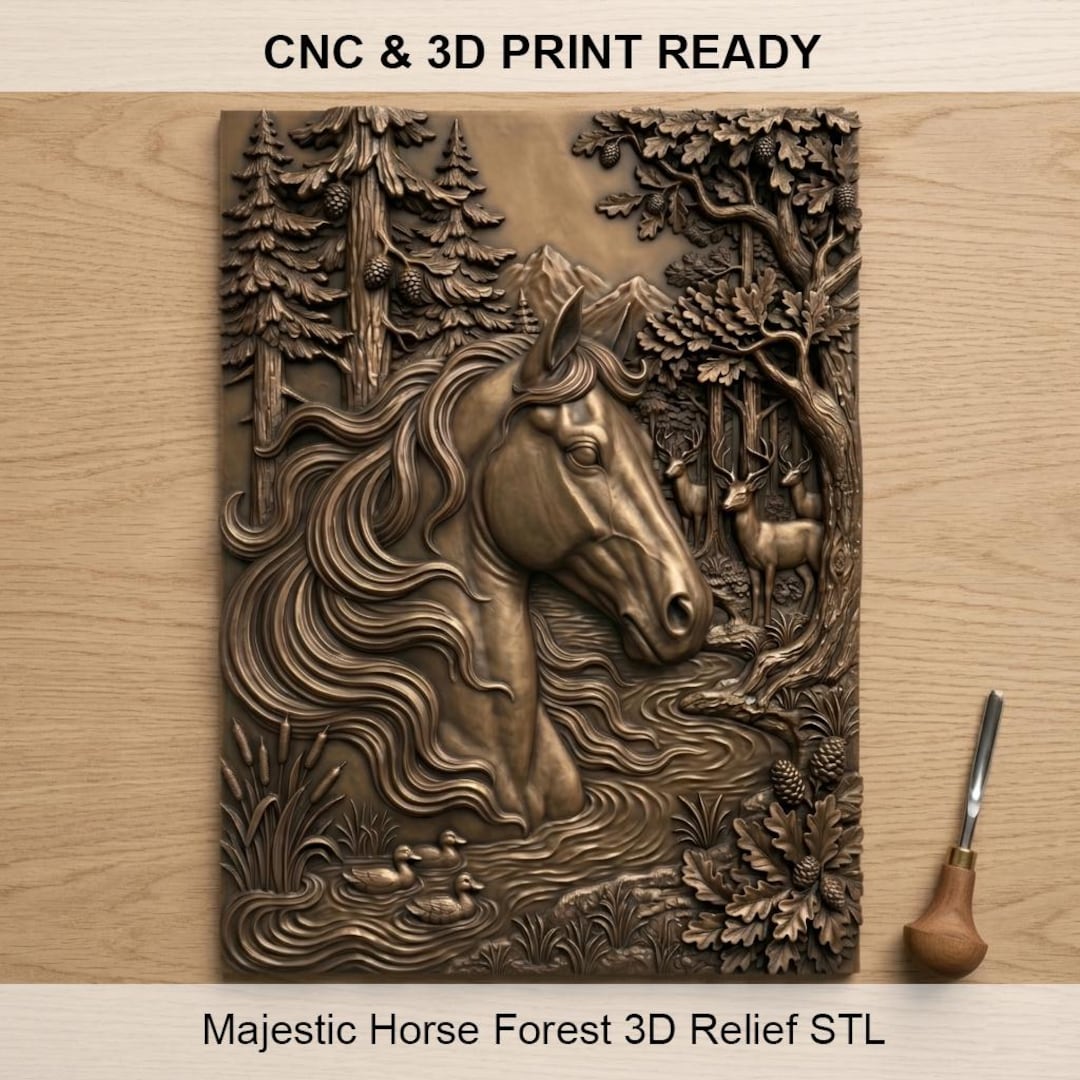 Majestic Horse Forest 3D Relief STL | Wildlife CNC Carving Model ...