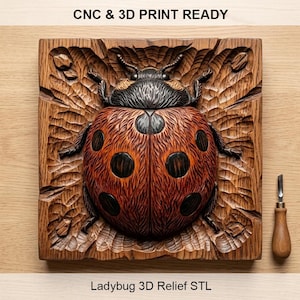 May include: A detailed, carved wooden relief of a ladybug with a reddish-brown body and black spots. The ladybug is centered on a rectangular wooden plaque. The text "CNC & 3D PRINT READY" and "Ladybug 3D Relief STL" are visible.
