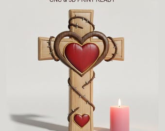 Sacred Heart Cross 3D Relief STL | Crown of Thorns CNC File