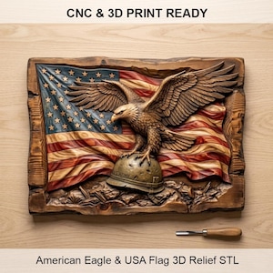 May include: A rectangular wooden relief carving featuring a waving American flag background with a large eagle perched atop a U.S. Army helmet. The design includes the text CNC & 3D PRINT READY and American Eagle & USA Flag 3D Relief STL.