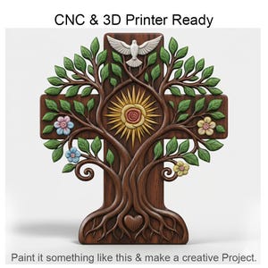 Tree of Life Cross STL | Christian CNC Relief | Floral Cross 3D Wall Art | Religious Wood Carving File