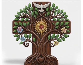Tree of Life Cross STL | Christian CNC Relief, Floral 3D Wall Art (Digital Download)