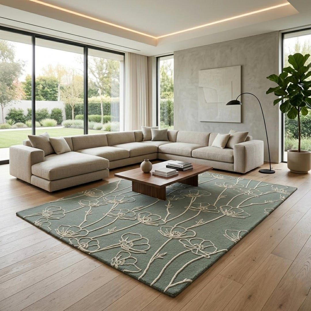 Hand Tufted Floral Rug | Sage Green Wool Rug, Modern Botanical Area Rug ...