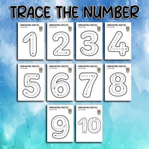 Puede incluir: Un conjunto de diez hojas de práctica de escritura a mano con los números del 1 al 10. Cada hoja presenta un número grande delineado con flechas direccionales para trazar. El título "Trace the Number" está en la parte superior.
