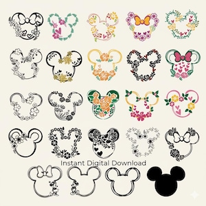 Puede incluir: Una colecci&oacute;n de veinte siluetas de la cabeza de Mickey Mouse, cada una decorada de forma &uacute;nica con dise&ntilde;os florales, lazos y corazones. La frase "Instant Digital Download" est&aacute; impresa debajo de las im&aacute;genes. Los dise&ntilde;os var&iacute;an en color y estilo.