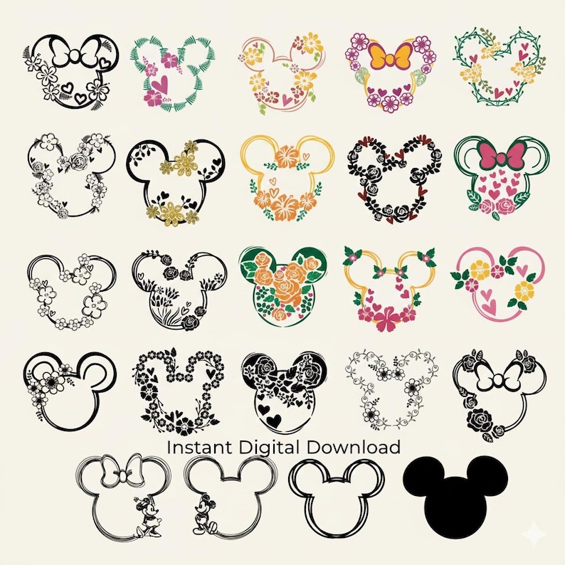 Puede incluir: Una colecci&oacute;n de veinte siluetas de la cabeza de Mickey Mouse, cada una decorada de forma &uacute;nica con dise&ntilde;os florales, lazos y corazones. La frase "Instant Digital Download" est&aacute; impresa debajo de las im&aacute;genes. Los dise&ntilde;os var&iacute;an en color y estilo.