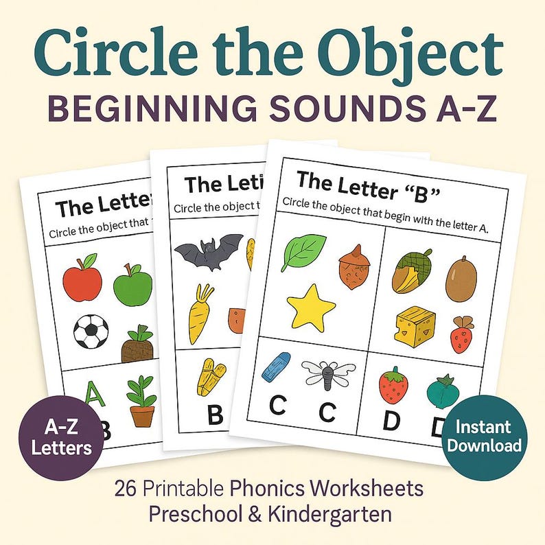 Phonics Worksheets A-Z – Circle the Object Beginning Sounds (digital ...