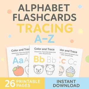 Puede incluir: Tarjetas didácticas del alfabeto para trazar las letras A-Z. La imagen muestra tres tarjetas blancas con el texto "Color and Trace" e ilustraciones de una manzana, un oso y una magdalena. También se ven las palabras "26 páginas imprimibles" y "Descarga instantánea".